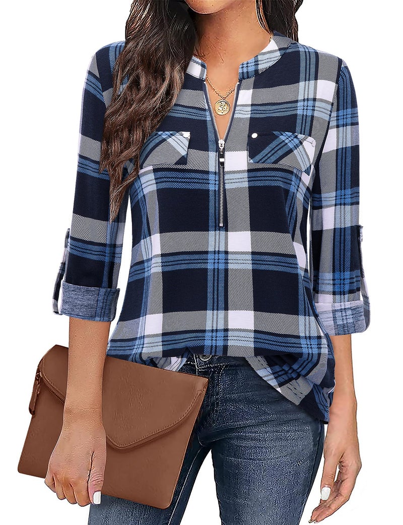 Bulotus Womens Tops Plus Size 3/4 Sleeve Tunics for Leggings, Plaid Blue, XX-Large - Image 1